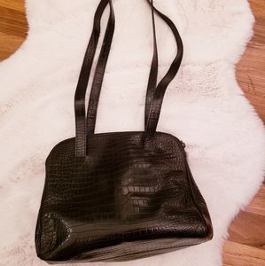 Furla black leather croc embossed shoulder bag.
